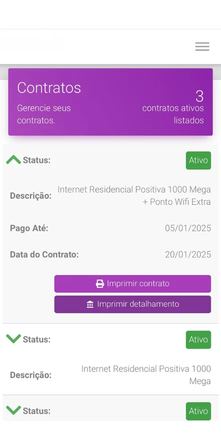 Tela do app mostrando contratos ativos