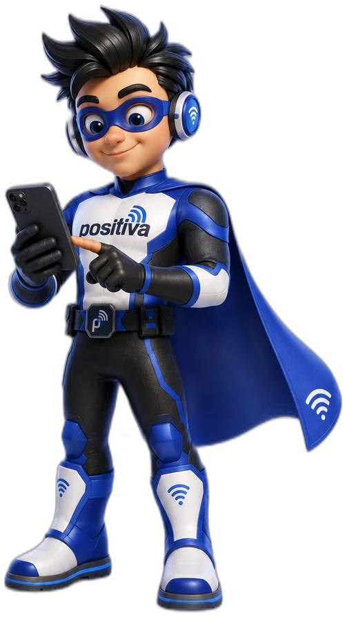 Mascote da Positiva usando o celular